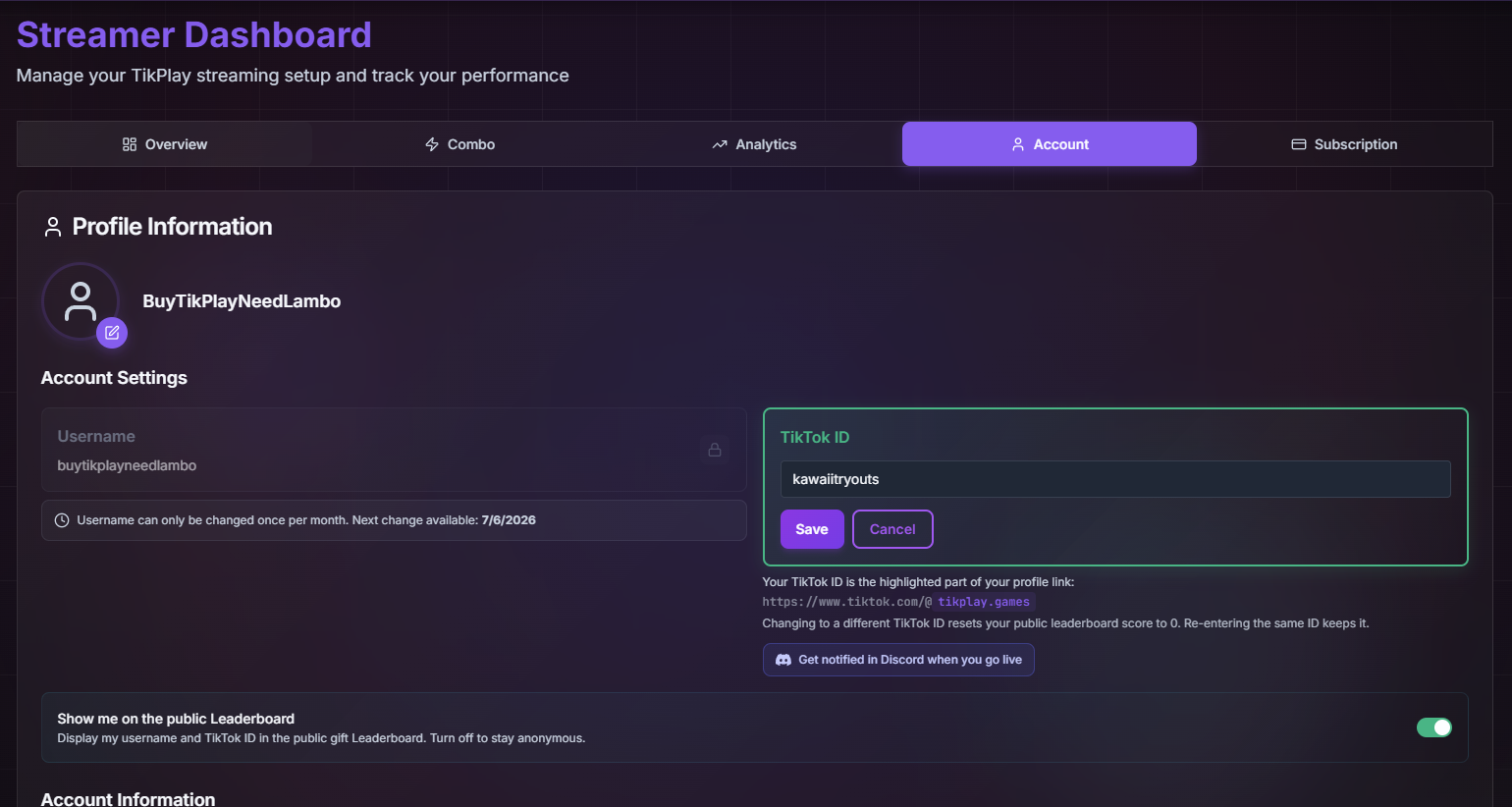 The Account tab with the TikTok ID field